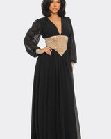 Golden Empress Belted Maxi Dress - Black full body look paired with heels and statement jewelry