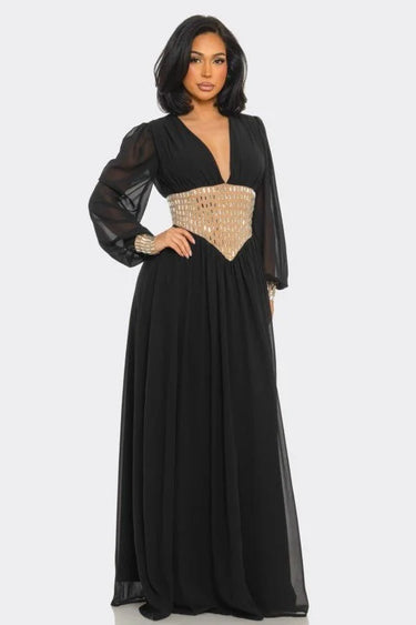 Golden Empress Belted Maxi Dress - Black full body look paired with heels and statement jewelry
