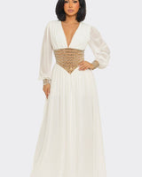 Golden Empress Belted Maxi Dress - Ivory - Palazzo Couture Online