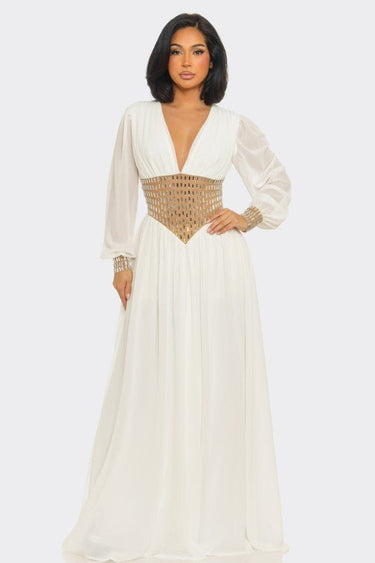 Golden Empress Belted Maxi Dress - Ivory - Palazzo Couture Online