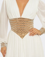 Golden Empress Belted Maxi Dress - Ivory - Palazzo Couture Online