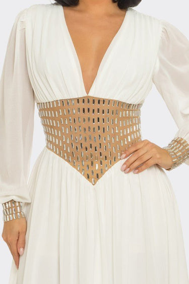 Golden Empress Belted Maxi Dress - Ivory - Palazzo Couture Online