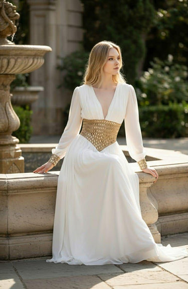 Golden Empress Belted Maxi Dress - Ivory - Palazzo Couture Online