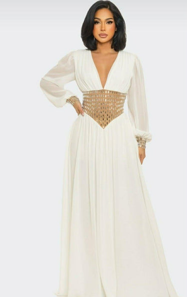 Golden Empress Belted Maxi Dress - Ivory - Palazzo Couture Online