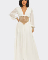 Golden Empress Belted Maxi Dress - Ivory - Palazzo Couture Online