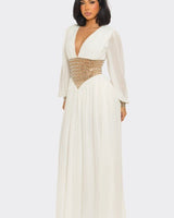 Golden Empress Belted Maxi Dress - Ivory - Palazzo Couture Online