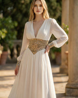 Golden Empress Belted Maxi Dress - Ivory - Palazzo Couture Online