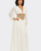 Golden Empress Belted Maxi Dress - Ivory - Palazzo Couture Online