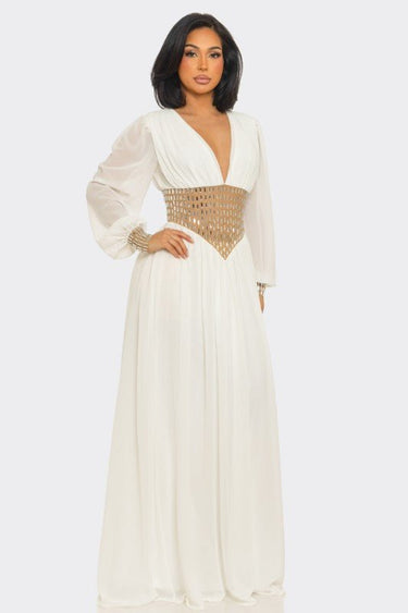 Golden Empress Belted Maxi Dress - Ivory - Palazzo Couture Online