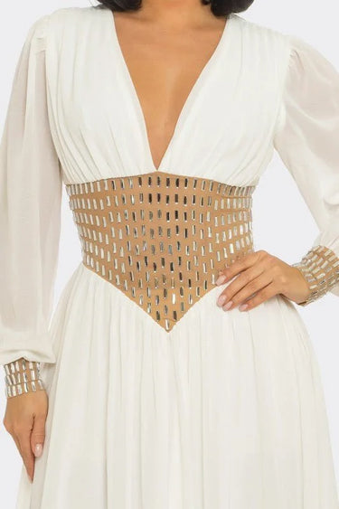 Golden Empress Belted Maxi Dress - White alternate angle showcasing dress movement and drape