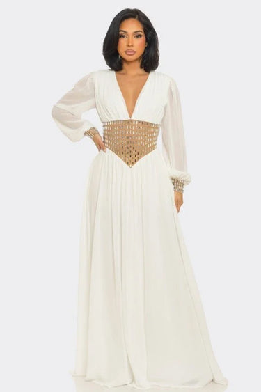Golden Empress Belted Maxi Dress - White showing sophisticated construction details