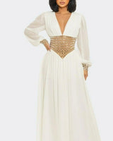 Golden Empress Belted Maxi Dress - White front view showing full-length maxi silhouette