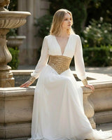Golden Empress Belted Maxi Dress - White side view highlighting floor-length hemline