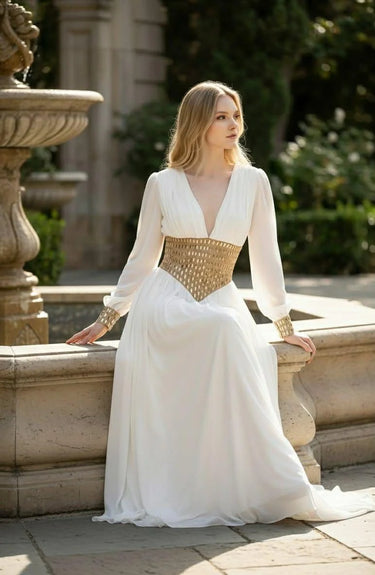 Golden Empress Belted Maxi Dress - White side view highlighting floor-length hemline