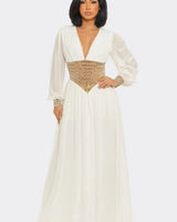Elegant White elegant maxi dress on model styled for evening event