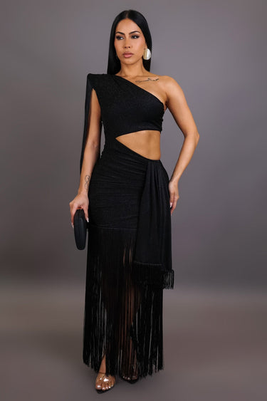 Golden Fringe Glam Cut - Out Maxi Dress - Black - Palazzo Couture Online