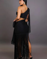 Golden Fringe Glam Cut-Out Maxi Dress - Black close up detail of cut-out design and fabric