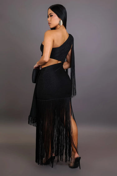 Golden Fringe Glam Cut-Out Maxi Dress - Black close up detail of cut-out design and fabric