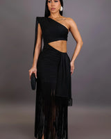 Golden Fringe Glam Cut-Out Maxi Dress - Black front view showing full-length maxi silhouette