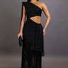 Golden Fringe Glam Cut-Out Maxi Dress - Black front view showing full-length maxi silhouette