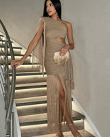 Golden Fringe Glam Cut - Out Maxi Dress - Taupe - Palazzo Couture Online