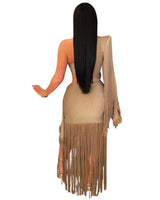 Golden Fringe Glam Cut - Out Maxi Dress - Taupe - Palazzo Couture Online