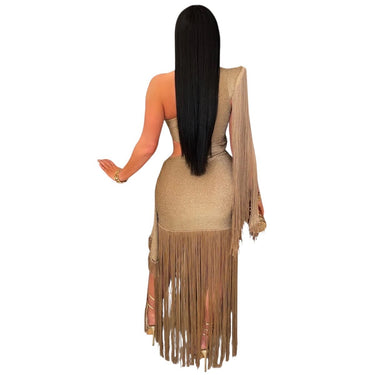 Golden Fringe Glam Cut - Out Maxi Dress - Taupe - Palazzo Couture Online
