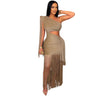 Golden Fringe Glam Cut - Out Maxi Dress - Taupe - Palazzo Couture Online