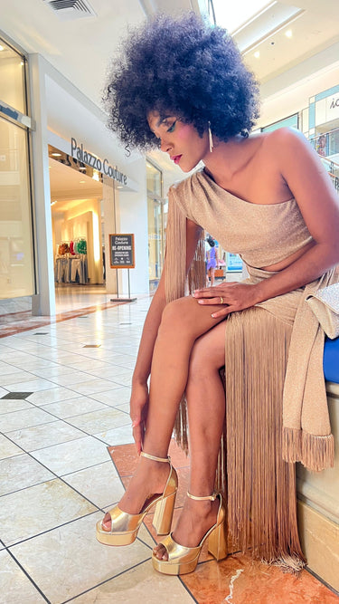 Golden Fringe Glam Cut - Out Maxi Dress - Taupe - Palazzo Couture Online