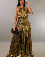Golden Goddess Pleated Gown - Palazzo Couture Online