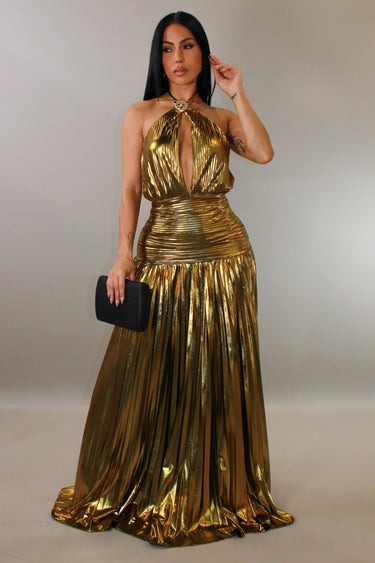 Golden Goddess Pleated Gown - Palazzo Couture Online