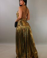 Golden Goddess Pleated Gown close up detail of pleated design and fabric
