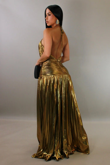 Golden Goddess Pleated Gown close up detail of pleated design and fabric