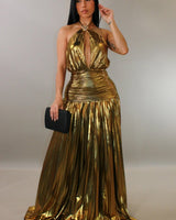 Golden Goddess Pleated Gown front view showing full-length maxi silhouette