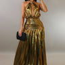 Golden Goddess Pleated Gown front view showing full-length maxi silhouette