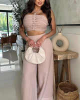 Golden Hour Goddess Beige Pant Set – Ruched Halter Crop front view showing complete two piece pant set