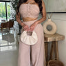Golden Hour Goddess Beige Pant Set – Ruched Halter Crop front view showing complete two piece pant set