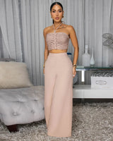 Golden Hour Goddess Beige Pant Set – Ruched Halter Crop side view showing pants silhouette and fit