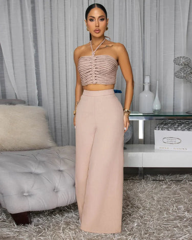 Golden Hour Goddess Beige Pant Set – Ruched Halter Crop side view showing pants silhouette and fit