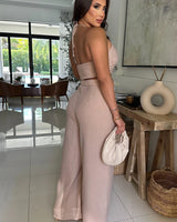 Golden Hour Goddess Beige Pant Set – Ruched Halter Crop close up of halter top design and fabric detail