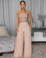 Golden Hour Goddess Ruched Halter Crop & Wide Leg Pant Set Beige - Palazzo Couture Online