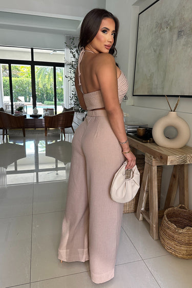 Golden Hour Goddess Ruched Halter Crop & Wide Leg Pant Set Beige - Palazzo Couture Online