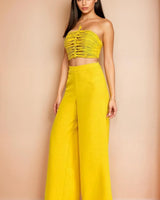 Golden Hour Goddess Ruched Halter Crop & Wide Leg Pant Set - Yellow - Palazzo Couture Online