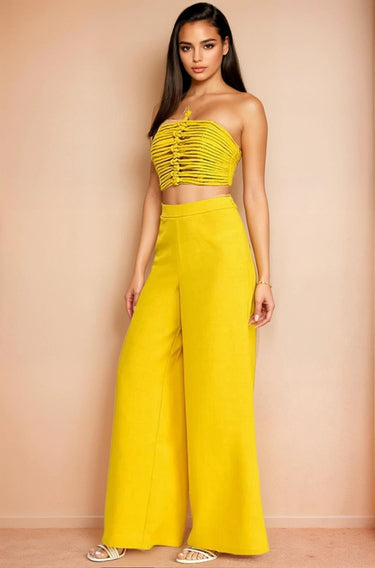 Golden Hour Goddess Ruched Halter Crop & Wide Leg Pant Set - Yellow - Palazzo Couture Online