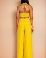 Golden Hour Goddess Ruched Halter Crop & Wide Leg Pant Set - Yellow - Palazzo Couture Online