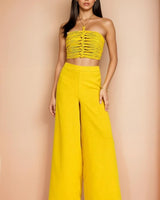 Golden Hour Goddess Ruched Halter Crop & Wide Leg Pant Set - Yellow - Palazzo Couture Online