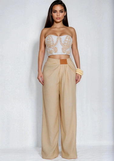 Golden Hour Muse Pant Set- White/Sand front view showing complete two piece pant set