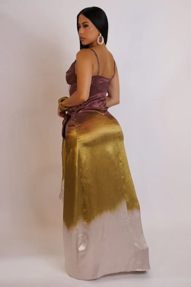 Women's Green maxi dress satin style back view