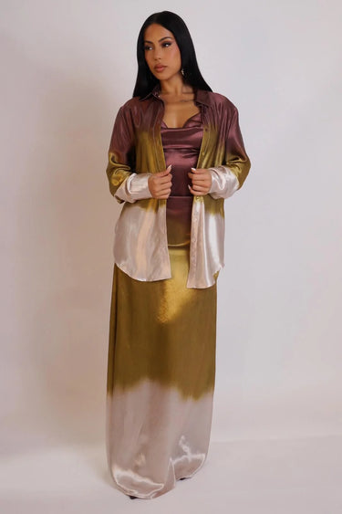 Golden Hour Satin Maxi Dress Set - Green close up detail of satin design and fabric