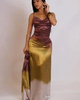 Golden Hour Satin Maxi Dress Set - Green front view showing full-length maxi silhouette